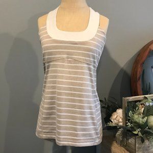 ☀️lululemon Tan White Stripe T Back Mesh Workout Athletic Top Size 10☀️
